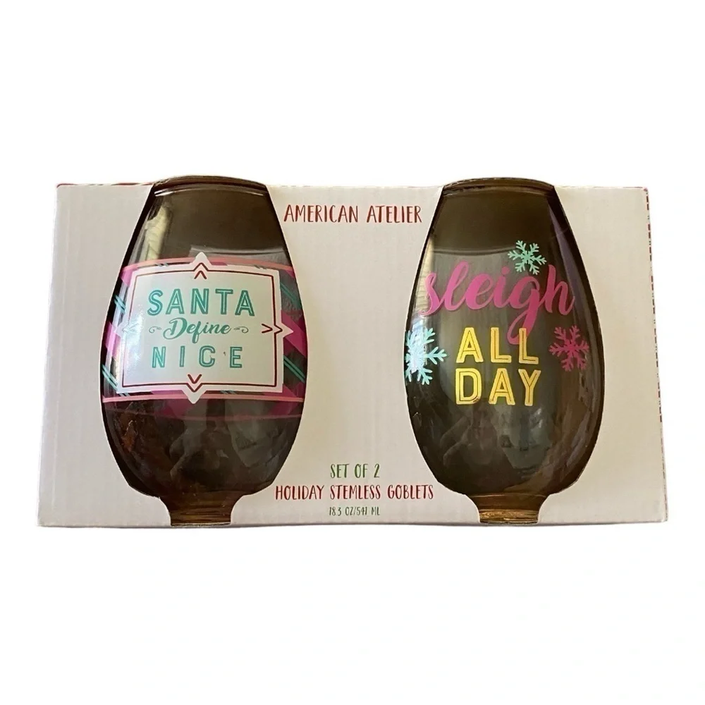 NWT-AMERICAN ATELIER-TWO HOLIDAY STEMLESS WINE  GLASSES